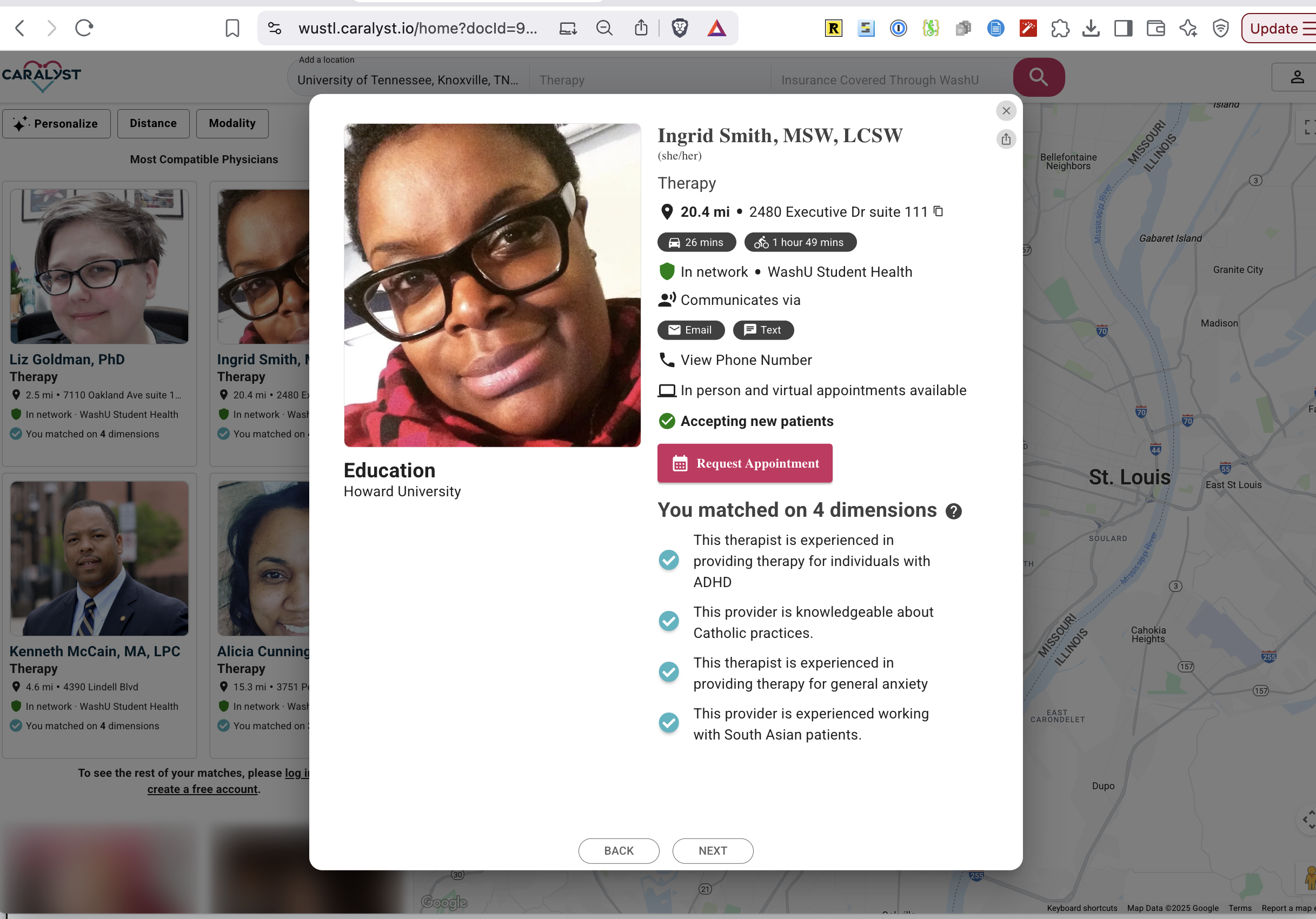 Caralyst matching platform showing therapist profile with compatibility dimensions